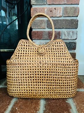 Woven rattan beach tote  Small curved structured handbag Golden Brown Purse